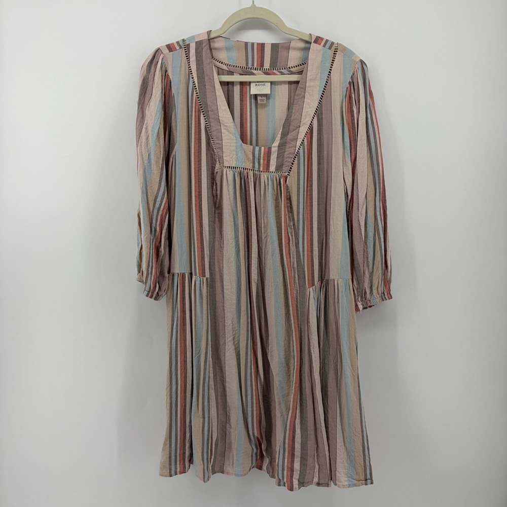 Knox Rose Size Large Multicolor Striped V-Neck Tiered Boho Mini Dress 3/4 Sleeve